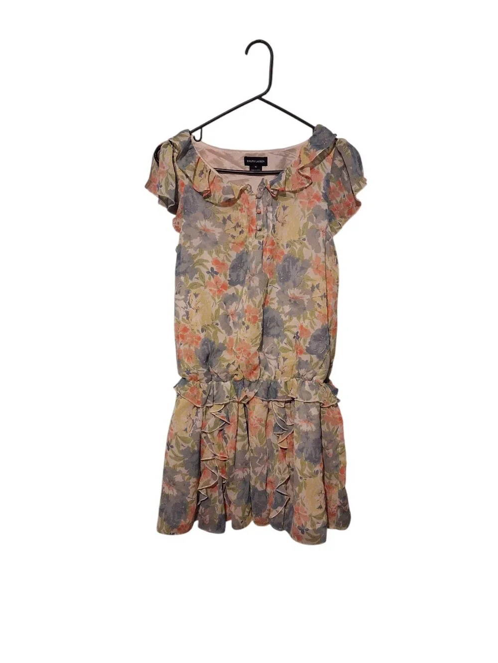 Ralph Lauren Girls 16 Floral Ruffle Drop Waist Mini Dress Chiffon Preppy Summer